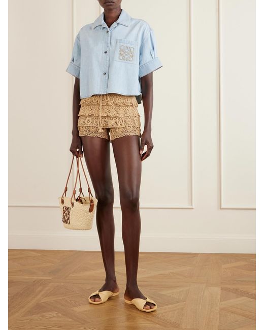 Loewe Natural Paula's Ibiza Ruffled Crocheted Cotton Drawstring Shorts