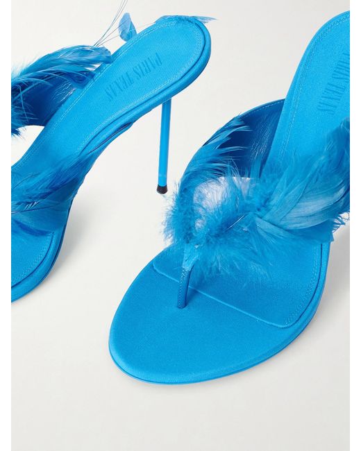 Paris Texas Blue Lidia 105 Feather-Trimmed Satin Mules