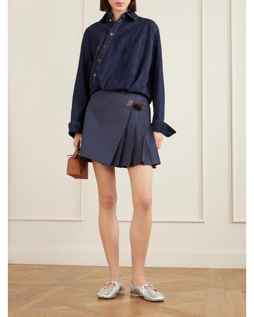 Loewe Blue Pleated Leather-Trimmed Cotton-Blend Mini Skirt