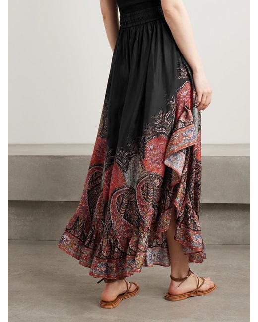Zimmermann Black Rhiannon Ruffled Paisley-Print Organic Silk Maxi Skirt
