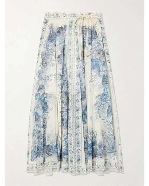 Zimmermann Blue Wanderlust Belted Pleated Printed Cotton Maxi Skirt