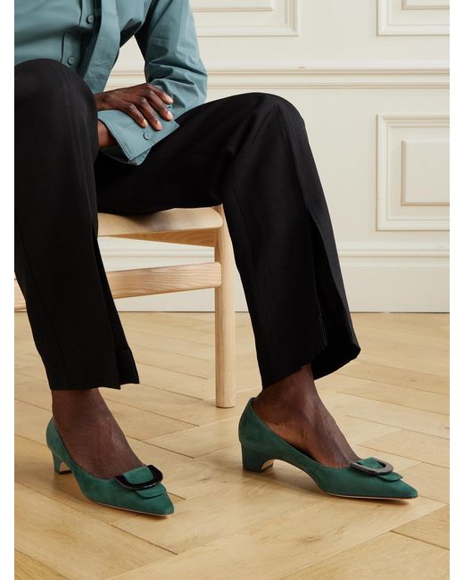 Manolo Blahnik Green Beti 30 Embellished Suede Pumps
