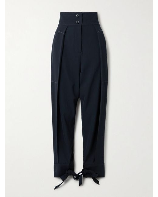 Sharon Wauchob Blue Arch Topstitched Paneled Pleated Wool-Twill Tapered Pants