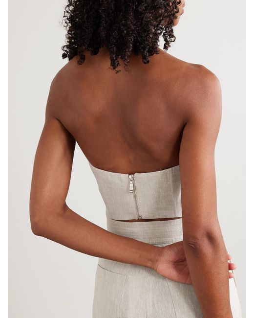 ANDRES OTALORA White Cropped Appliquéd Topstitched Linen Bustier Top