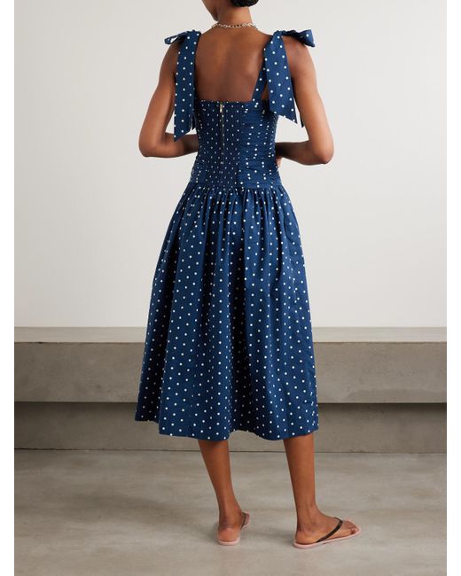 Cara Cara Blue Rahi Tie-Detailed Ruched Gathered Polka-Dot Cotton Midi Dress