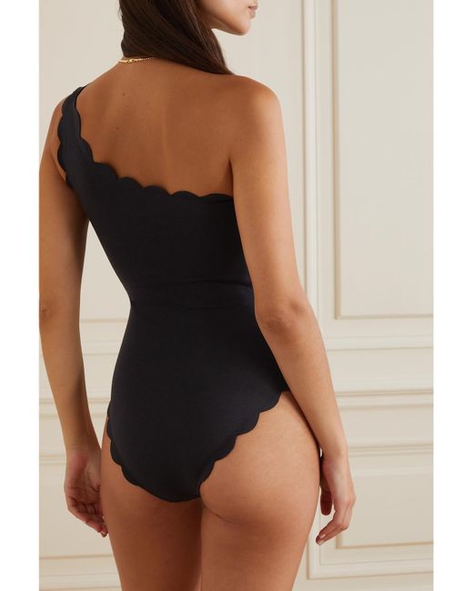 Marysia Swim Black Net Sustain Santa Barbara One-Shoulder Scalloped Stretch Recycled-Crepe Swimsuit