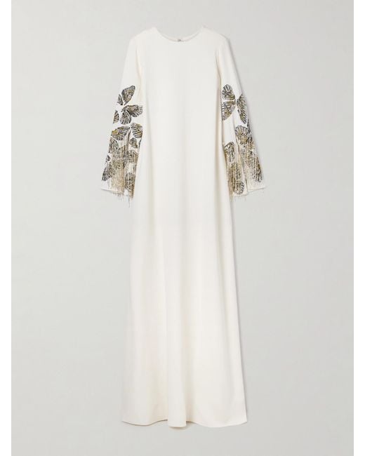 Oscar de la Renta White Embroidered Embellished Silk-Blend Crepe Gown