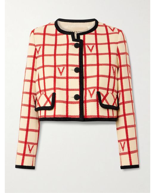Valentino Garavani Red Vlogo Cropped Piped Wool-Blend Jacket