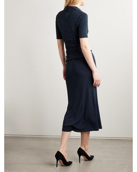Carolina Herrera Blue Ruched Stretch-Jersey Midi Shirt Dress