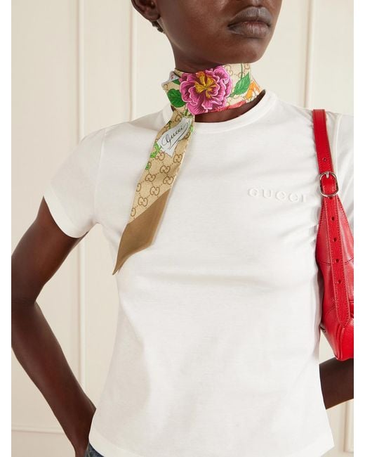 Gucci Green Flora Printed Silk-Twill Scarf