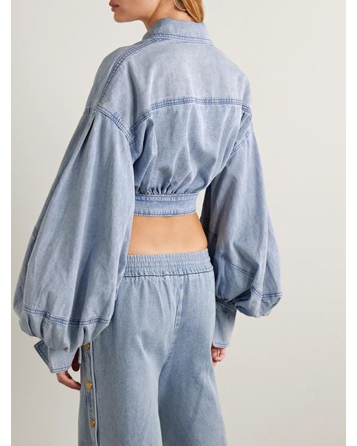 Zimmermann Blue Cropped Wrap-Effect Denim Top