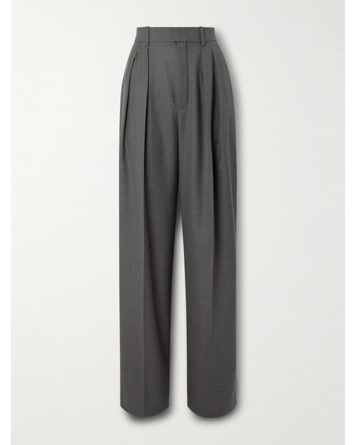 Saint Laurent Gray Pleated Wool Wide-Leg Pants