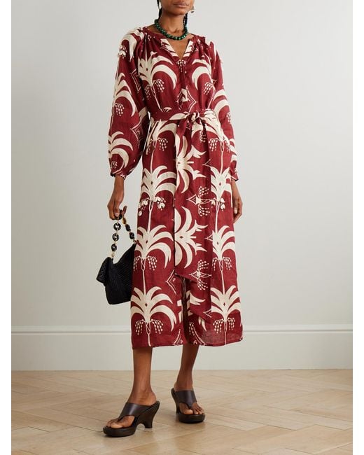 Johanna Ortiz Red Weaving Waves Belted Embellished Printed Linen Midi Dress