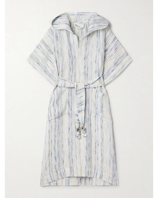 Lisa Marie Fernandez White Embellished Belted Striped Linen-Blend Gauze Hooded Coverup