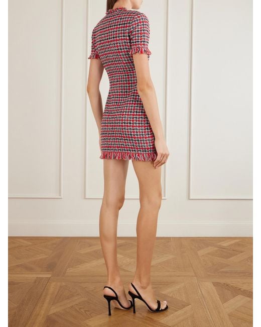 Self-Portrait Red Checked Frayed Cotton-Blend Mini Dress