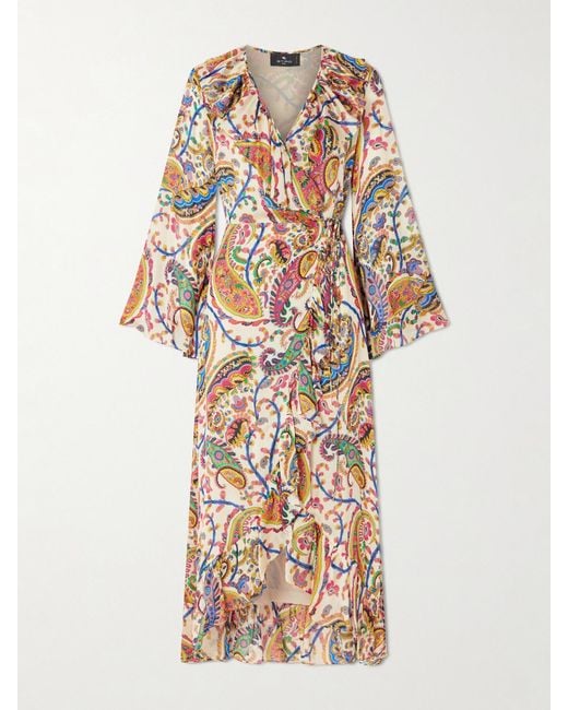 Etro White Asymmetric Ruffled Paisley-Print Silk Wrap Dress