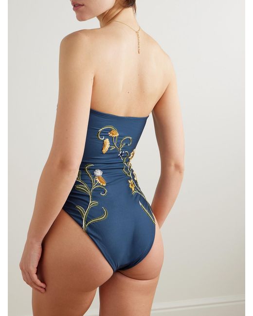 Agua Bendita Blue Durazno Laguna Strapless Embellished Embroidered Recycled Swimsuit