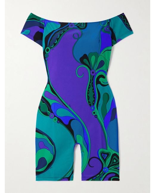 Emilio Pucci Blue Orchidee Off-The-Shoulder Printed Satin-Jersey Playsuit