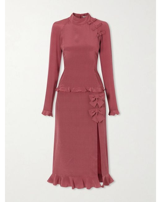 Alessandra Rich Pink Bow-Detailed Polka-Dot Silk-Crepe Midi Dress