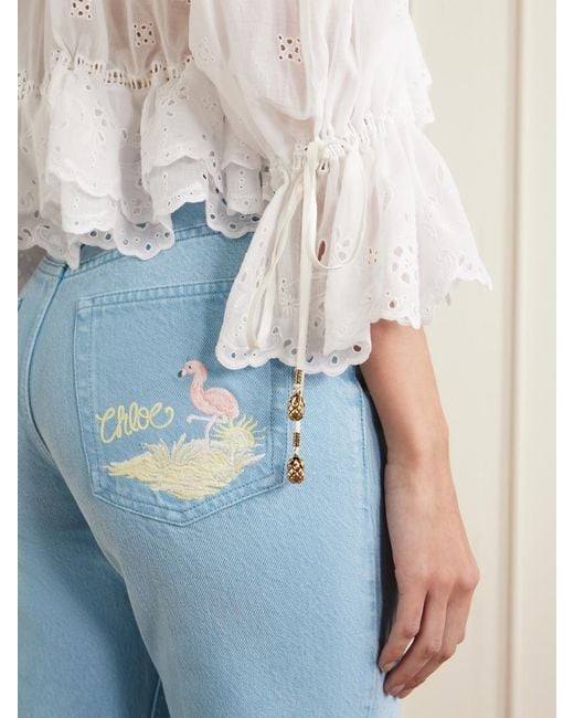 Chloé Blue Embroidered Mid-Rise Wide-Leg Jeans