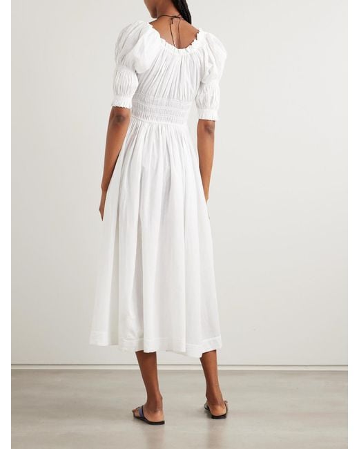 Doen White + Net Sustain Ischia Shirred Organic Cotton-voile Midi Dress