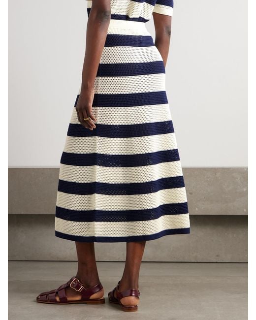 Eres Blue Bayadere Bateau Striped Open-Knit Cotton-Blend Midi Skirt