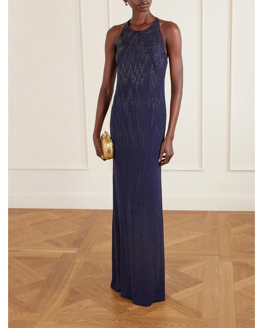 Ralph Lauren Blue Claeton Crystal-Embellished Crepe Halterneck Gown