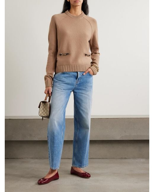 Gucci Natural Pullover Aus Einer Woll-Kaschmirmischung Mit Lederbesätzen Und Horsebit-Details