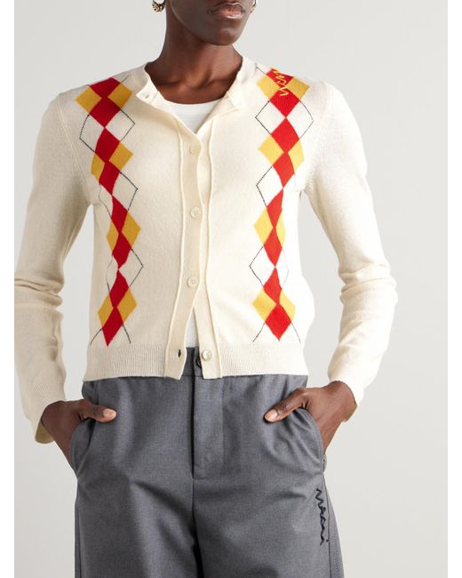 Marni White Cropped Embroidered Argyle Wool Cardigan