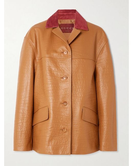 Gucci Brown Oversized Suede-Trimmed Textured-Leather Jacket