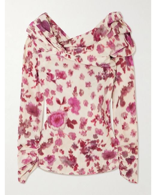 Isabel Marant Pink Danka Off-The-Shoulder Draped Floral-Print Stretch-Silk Top