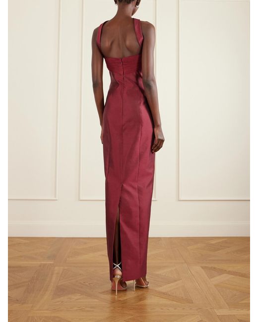 Danielle Frankel Red Lette Paneled Tulle-Trimmed Wool And Silk-Blend Twill Gown