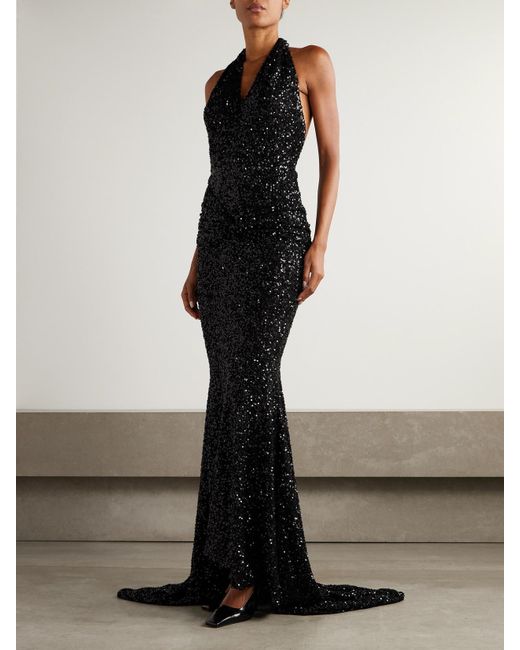 Patou Black Draped Sequined Mesh Halterneck Gown