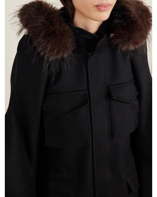 Sacai Blue Padded Plush-Trimmed Wool Coat
