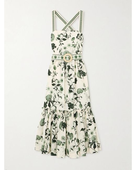 Cara Cara White Julietta Belted Ruffled Floral-Print Cotton-Poplin Midi Dress