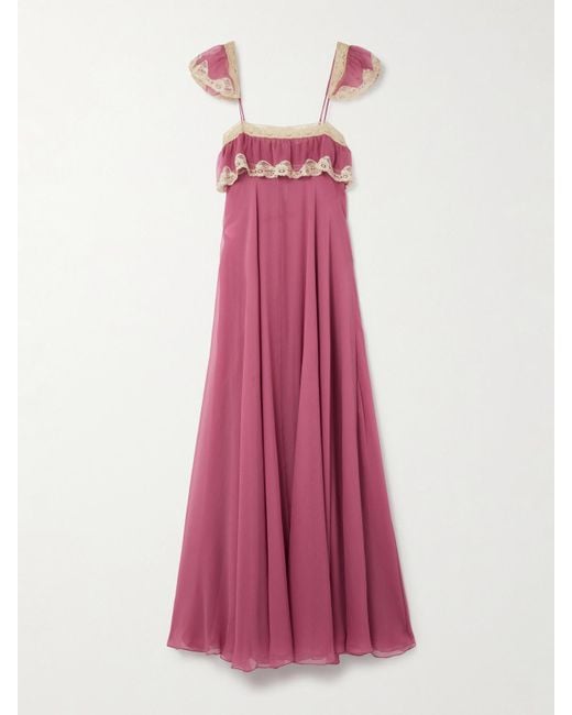 Chlo Lace-Trimmed Organic Silk-Crepon Maxi Dress in Pink | Lyst Australia