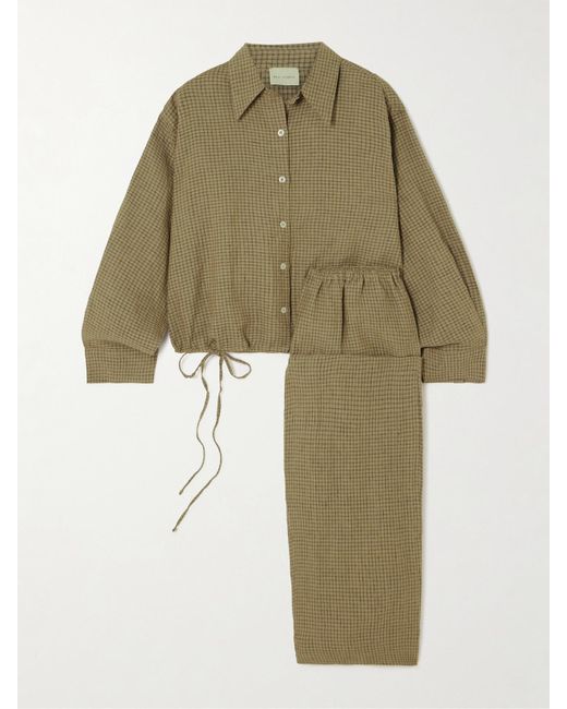 Deiji Studios Green Tie-Detailed Checked Linen Pajama Set