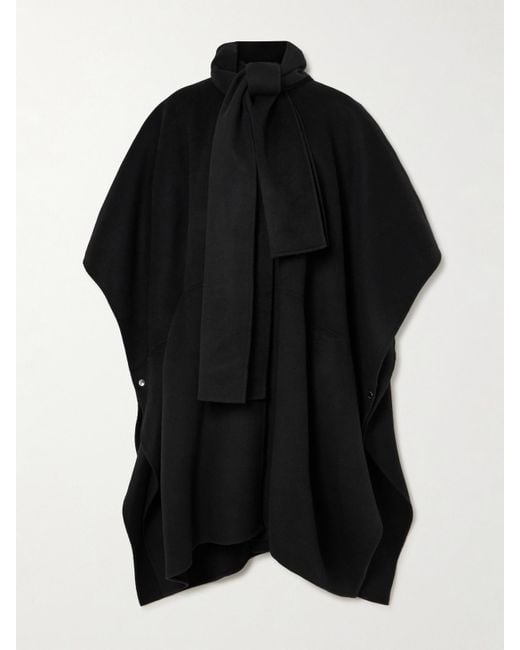 Totême  Black Cape-Effect Tie-Neck Wool Coat