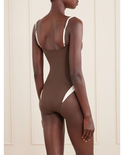 Away That Day Brown Cannes Two-Tone Gathered Recycled Stretch Swimsuit