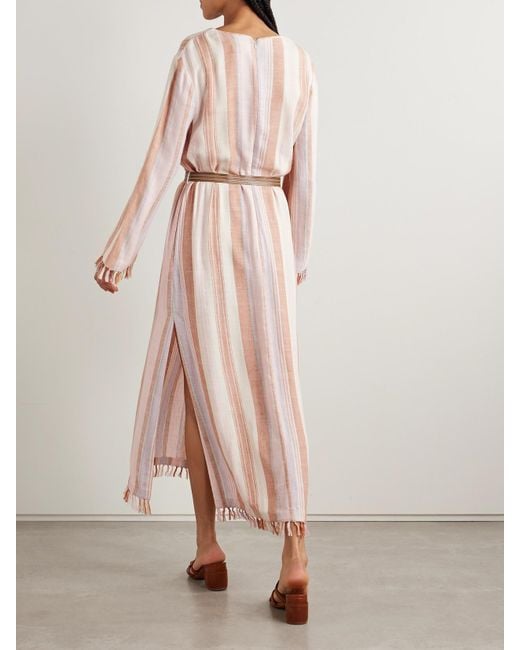 Zimmermann Pink Lucky Belted Tasseled Striped Voile Midi Dress