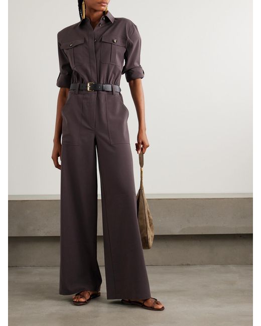 Self-Portrait Brown Belted Leather-Trimmed Twill Jumpsuit