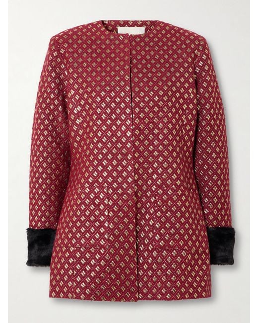D'Estree Red Lea Plush-Trimmed Metallic Jacquard Jacket