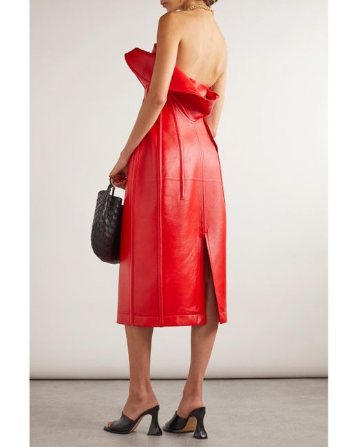 Bottega Veneta Strapless Layered Leather Midi Dress