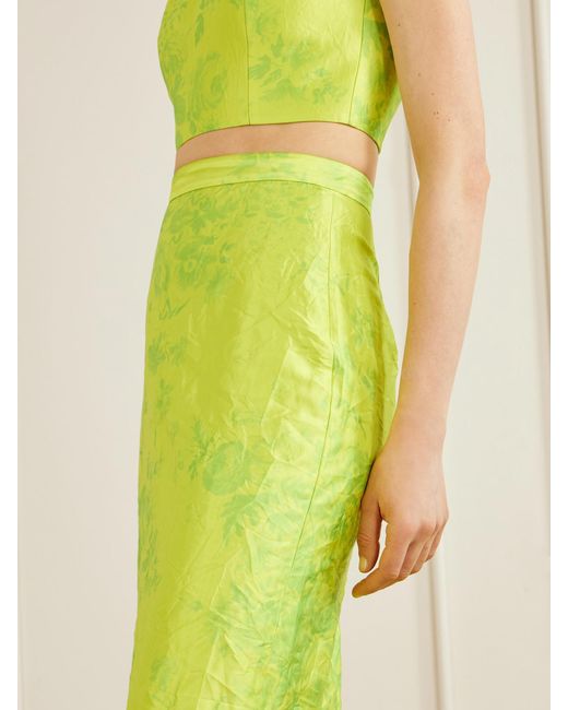 Erdem Yellow Floral-Print Crinkled-Satin Midi Skirt