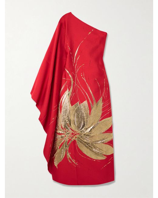 ‎Taller Marmo Red Hardison One-Shoulder Metallic Floral-Jacquard And Crepe Gown