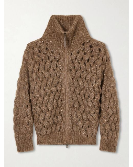 Brunello Cucinelli Brown Sequin-Embellished Mohair-Blend Zip-Up Cardigan