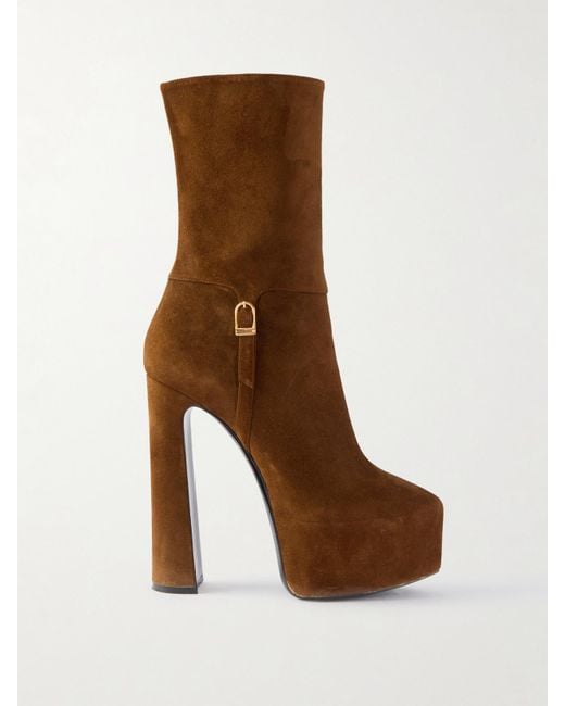 Saint Laurent Women's Brown Nico Buckled Suede Platform Boots