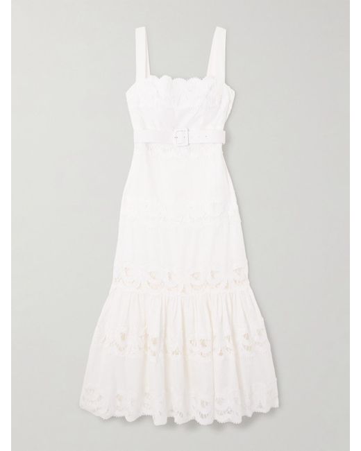 Robe Midi En Lin Et Coton Mélangés Et En Dentelle Guipure À Ceinture Self-Portrait en coloris White