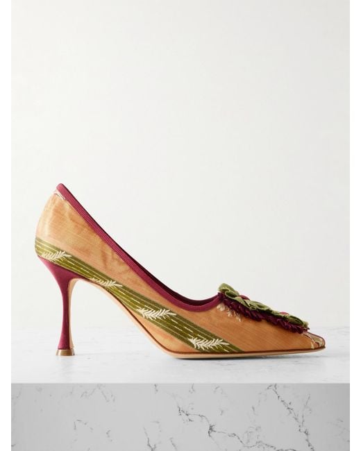 Manolo Blahnik White Montmedy 90 Appliquéd Embroidered Striped Satin Pumps