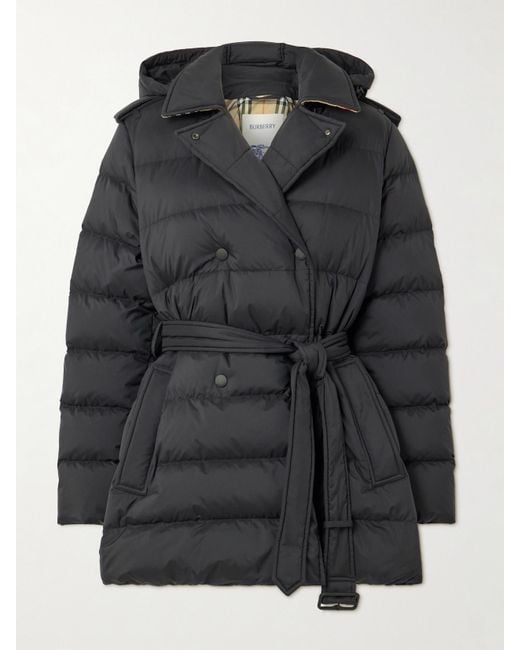 Burberry Black Doppelreihige Daunenjacke Aus Gestepptem Shell Mit Bindegürtel